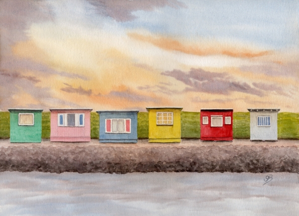 Postkarte DIN-A5  Aquarell Kunst Druck Kunstdruck Strandkorb Sonnenuntergang Dänemark Nordsee Dagebüll bunte Badebuden im Sonnenuntergang - DB1